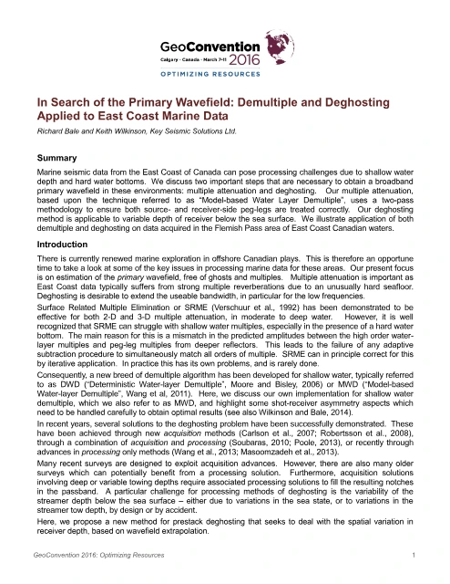 In Search of the Primary Wavefield: Demultiple and Deghosting Applied to East Coast Marine Data PDF