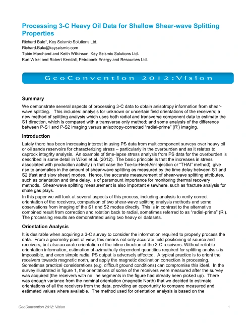 Processing 3-C Heavy Oil Data for Shallow Shear-Wave Splitting Properties PDF